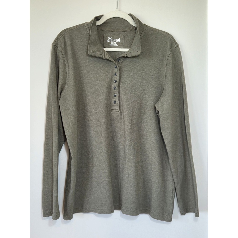 Women's XL Shirt Natural Reflections 10-Button Long-Sleeve Mock Turtleneck Olive